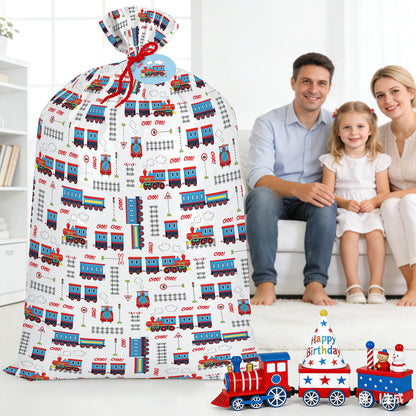 WRAPAHOLIC 56" Extra Large Train Birthday Plastic Gift Bag - Vintage Trains Tracks Jumbo Bike Bag Gift Wrap for Kids Boys Girls Birthday, Baby Shower - 56" H x 36" W