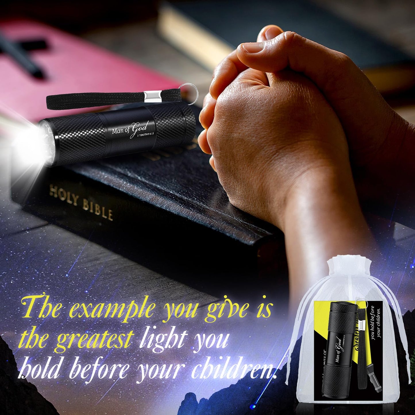 Coume 30 Sets Man of God Fathers Day Pocket Flashlight Gifts for Church Small Pocket Light Bible Verse Cards Motivational Quote Card and Organza Bags Thank You Gifts for Dad Husband Paster