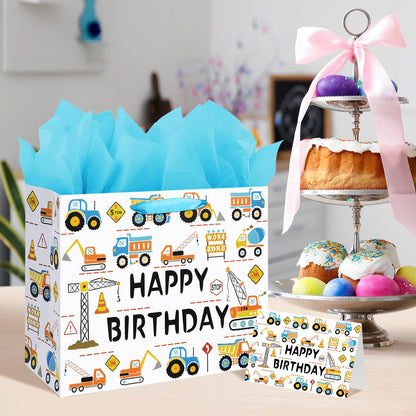 Laidans 13" Large Happy Birthday Gift Bag for Baby Boy Kids with Tissue Paper and Card (Construction Vehicle)