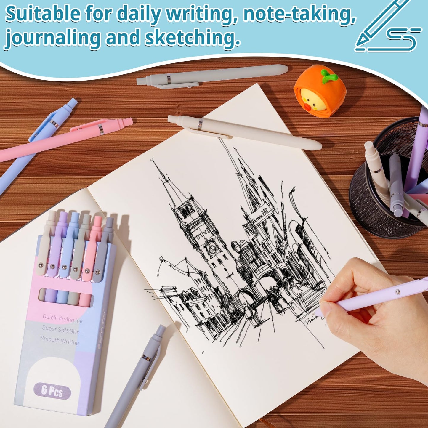 Fenmay Gel Pens, 6 Pcs Smooth Writing Pens No Bleed & Smear, Black Ink Cute Pens Fine Point (0.5mm), Retractable Aesthetic Pens School Office Supplies for Women & Men