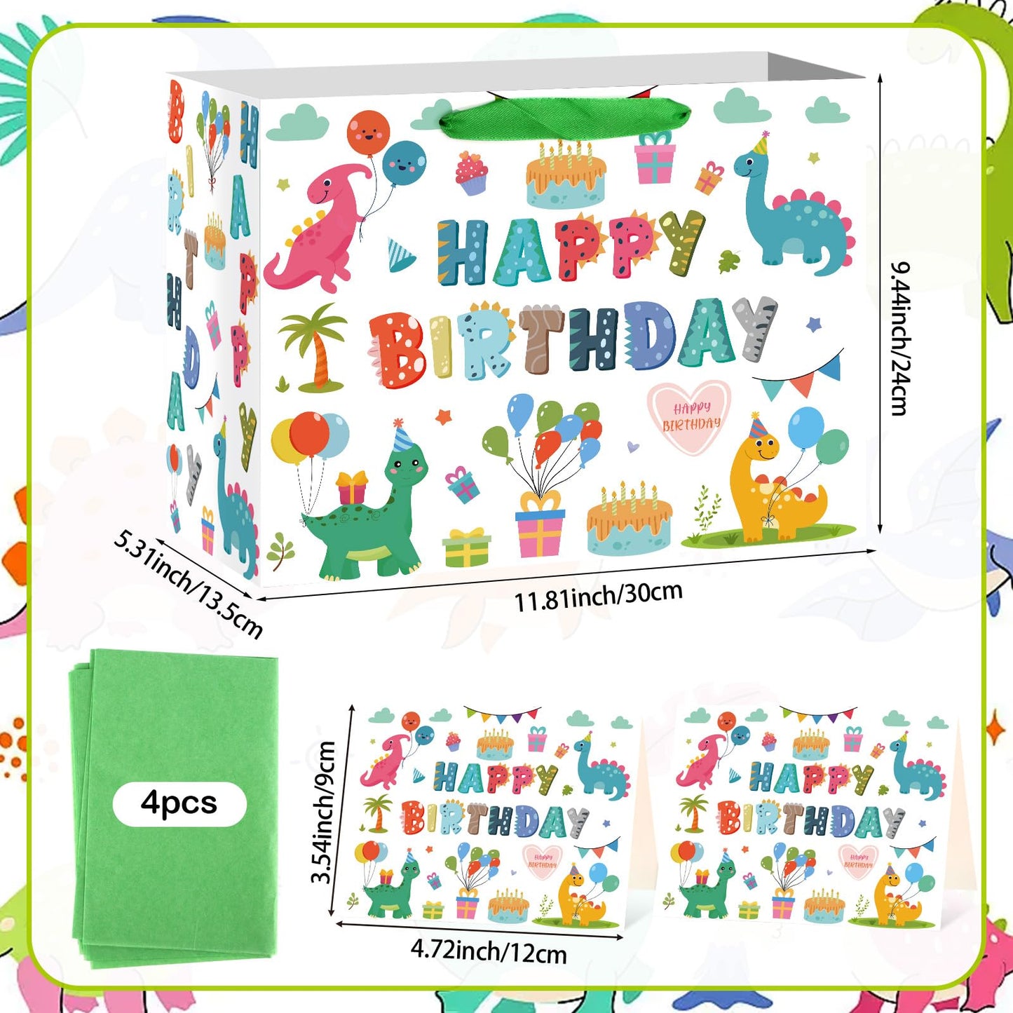 Hooqict Large Dinosaur Gift Bag Happy Birthday Gift Bag with Handles, Wrapping Tissue Paper and Greeting Cards for Kids Boys 1st 2nd 3rd Dinosaur Birthday Party Supplies Baby Showers