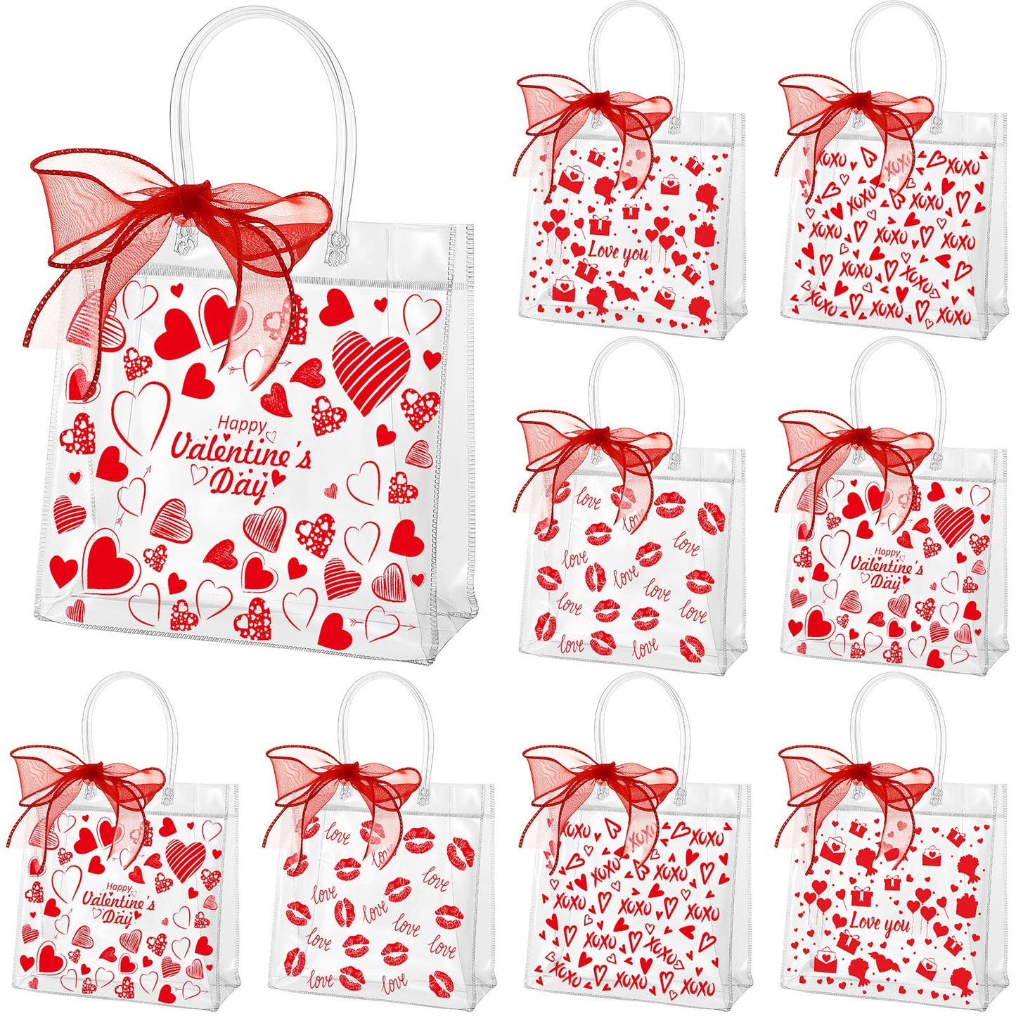 Amylove 24 Pcs Valentines Gift Bags Bulk Valentines Day Clear Gift Bags Bulk Valentine Clear PVC Goodie Bag with Handles Galentines Day Party Favors (Stylish,Red)
