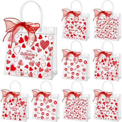 Amylove 24 Pcs Valentines Gift Bags Bulk Valentines Day Clear Gift Bags Bulk Valentine Clear PVC Goodie Bag with Handles Galentines Day Party Favors (Stylish,Red)