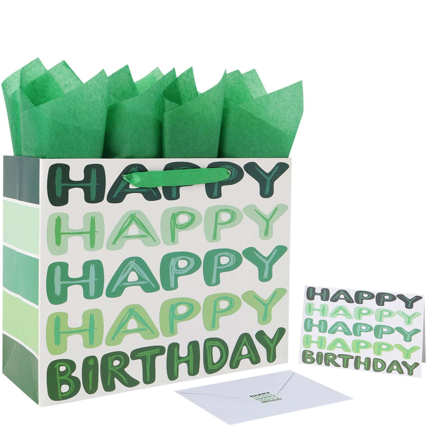 Qirrmiy 13'' Large Green Happy Birthday Gift Bag Set with Handles, Greeting Card, Tissue Papers and Stickers for Women Girls Men Boys Kids Teens, Words Design, 1 Pcs
