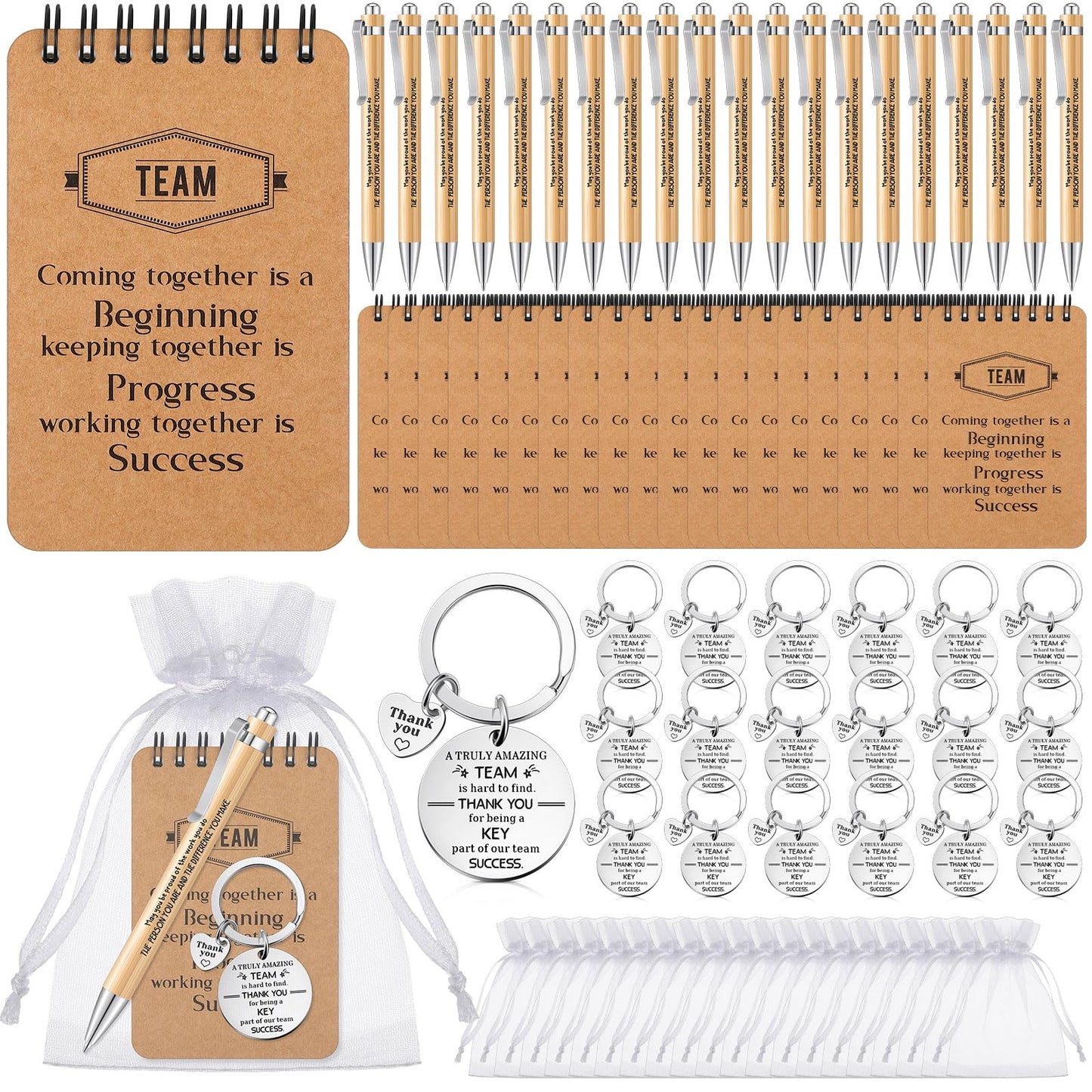 Fulmoon 80 Pcs Employee Appreciation Gifts Set Include Notepad Pen Thank You Keychain Organza Bag, Going Away Retirement Birthday Christmas Team Gift for Member Coworker(Brown,Team)