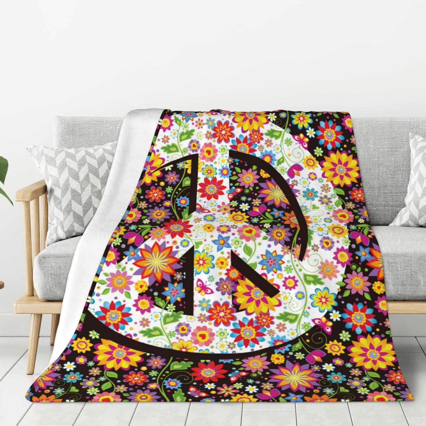 Hippie Flower Peace Blanket, Soft Blankets Flannel Bed Throw Cozy Lightweight Plush Gifts for Women Men Boys Girls Sofa Couch Bedroom Living Rooms Warm All Season, Home Decor, Small 50"x40"