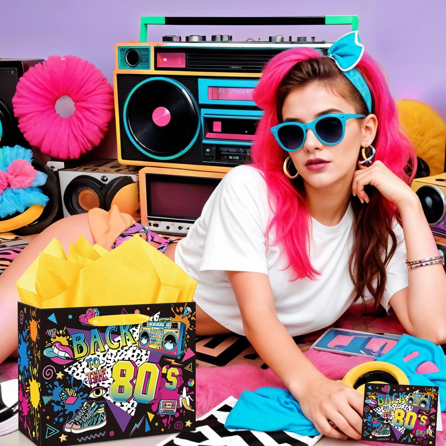 80s Birthday Gift Bag for Men Women, Retro 1980s Themed Party Favor Bags with Tissue Paper Greeting Card Back to The 80s Wrapping Paper Bag for Neon Hip Hop Rock Hippie Christmas Party Favor Supplies