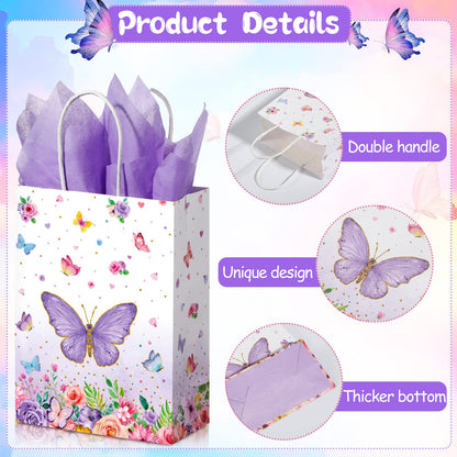 16 Pack Butterfly Goodie Bags with Handles - Sydney Paper Pink Purple Birthday Present Bags for Kids Baby Shower Party Decorations