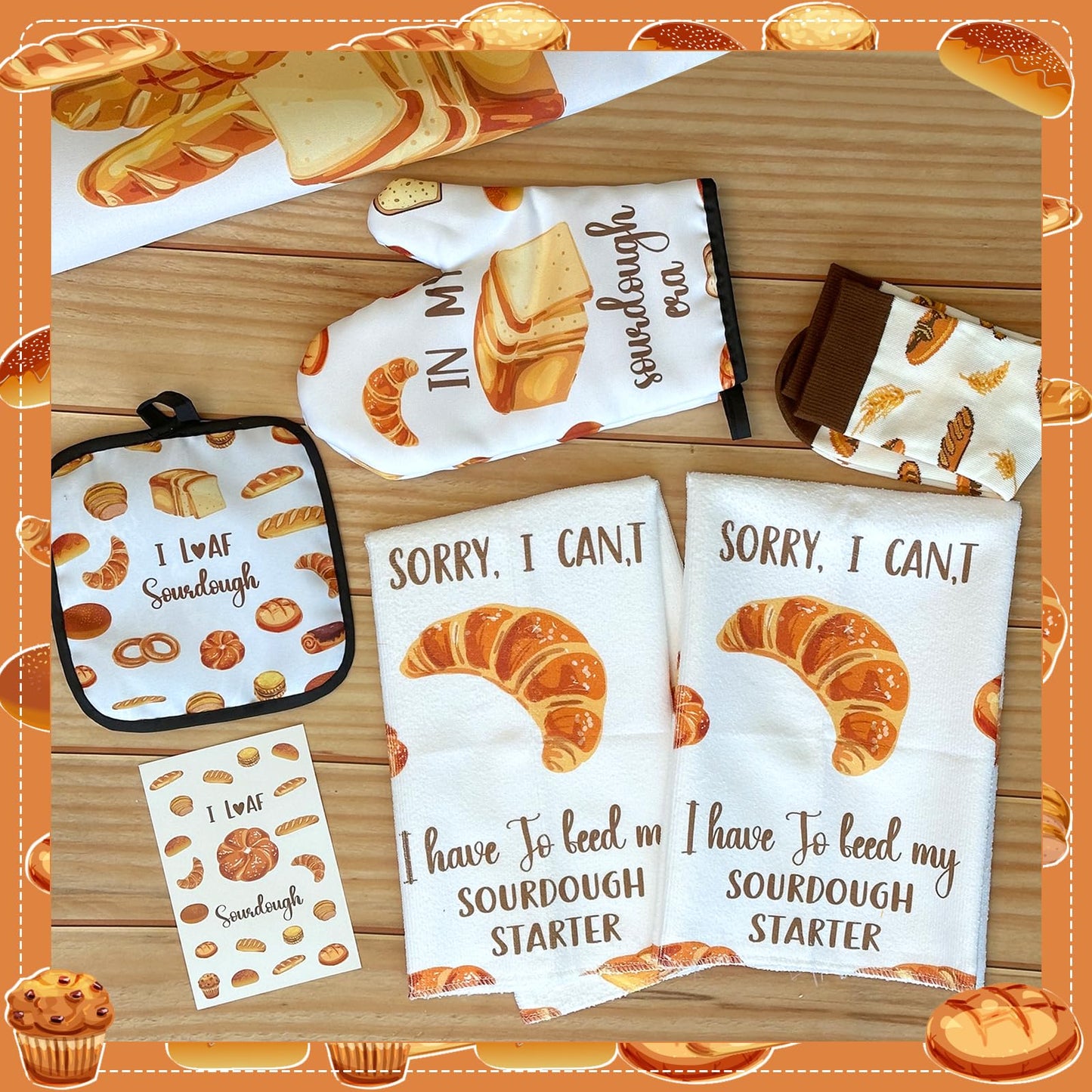 8 Pcs Mothers Day Sourdough Baking Gifts for Women Include Sourdough Bread Apron Towels Oven Mitt Pot Holder Aromatherapy Candle Socks Greeting Card for Bread Bakers Mom Sister Wife Aunt Lover