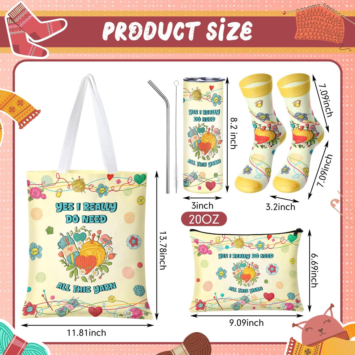 Funny Yarn Lover Gift Set 4 Pieces - Yes I Really Do Need All This Yarn Knitting Crochet Gifts for Women Mother's Day, Tote Bag Socks 20oz Tumbler Makeup Pouch for Crocheters Grandma Teacher
