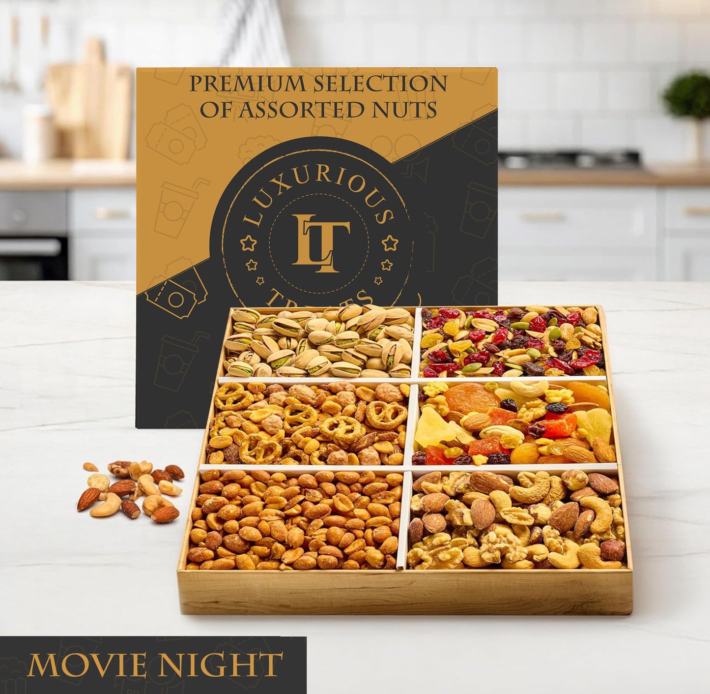 Luxurious Treats Movie Night Gift Basket - Gourmet Mixed Dried Fruit & Nuts Variety Box, Healthy Gifts Dad Men Women Fathers Day Gift Ideas