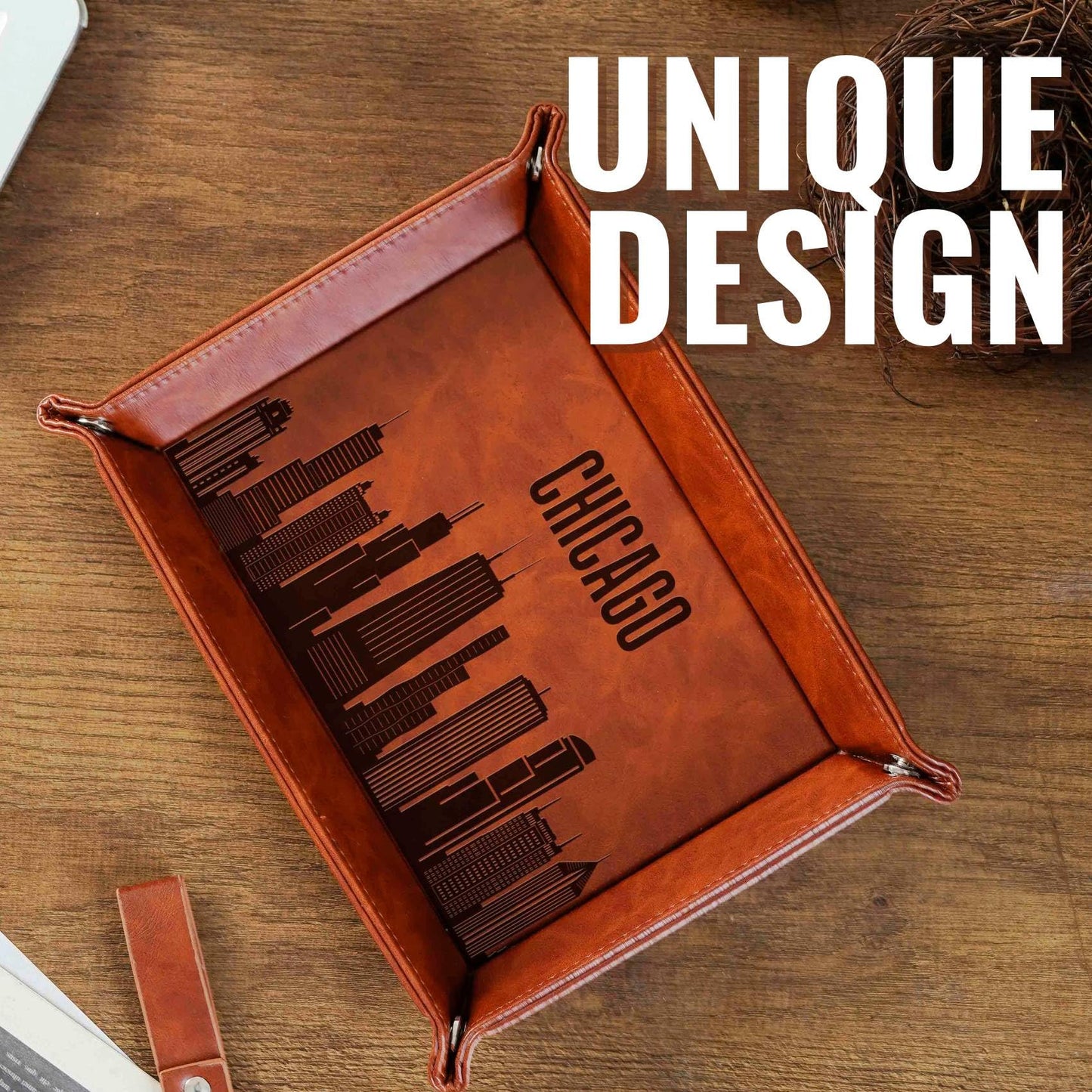 InnoBeta Chicago City Skyline Gifts for Chicago Lovers, Chicago Souvenir, Skyline Map Valet Tray for Him, Male, Boyfriend, Son, Husband, Dad, Desktop Organizer PU Leather Tray