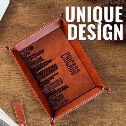 InnoBeta Chicago City Skyline Gifts for Chicago Lovers, Chicago Souvenir, Skyline Map Valet Tray for Him, Male, Boyfriend, Son, Husband, Dad, Desktop Organizer PU Leather Tray