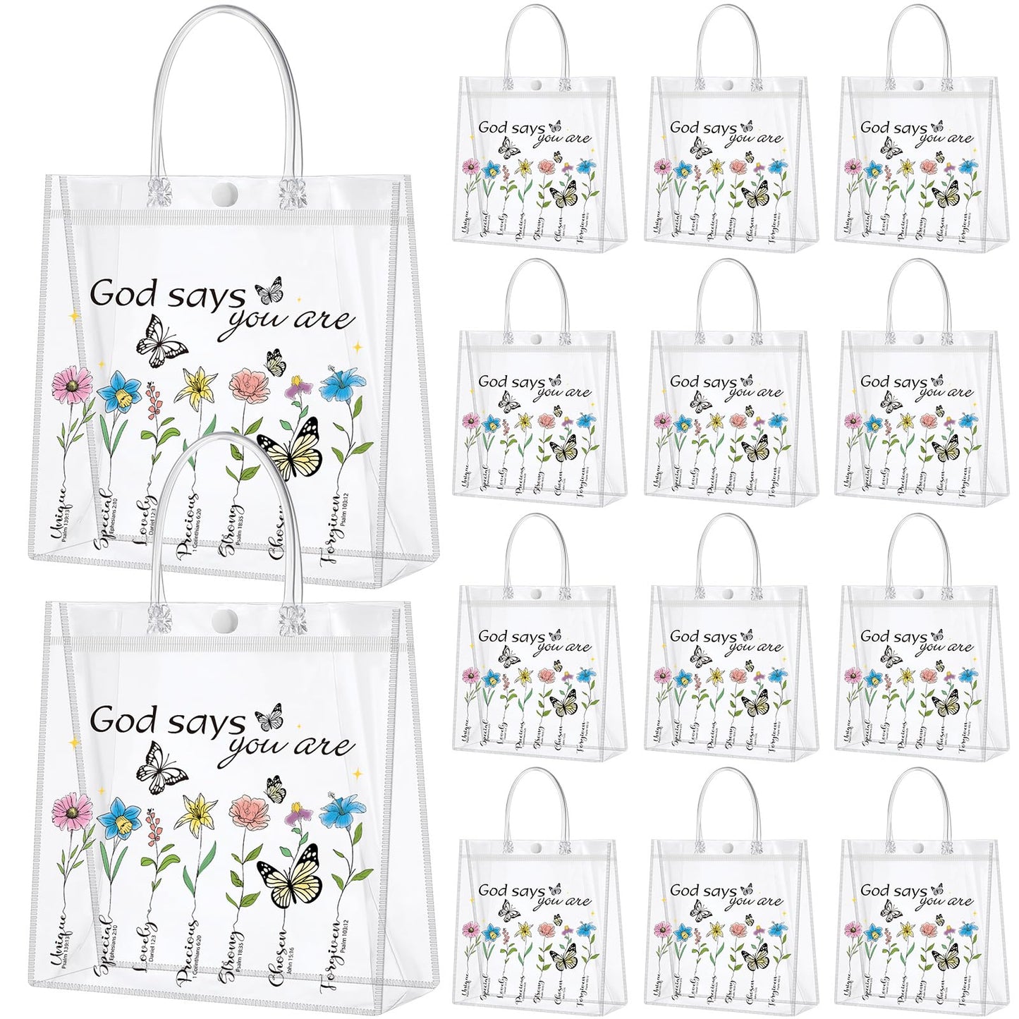 Dansydaisy 20 Pcs Christian Gift Bags with handle God Says You Are Bible Verse Floral Clear PVC Goodie Candy Treat Tote Bags for Religious Faith Spiritual Baptism Christmas Themed Party Supplies