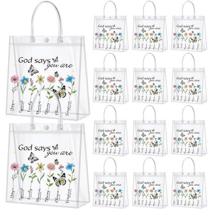 Dansydaisy 20 Pcs Christian Gift Bags with handle God Says You Are Bible Verse Floral Clear PVC Goodie Candy Treat Tote Bags for Religious Faith Spiritual Baptism Christmas Themed Party Supplies