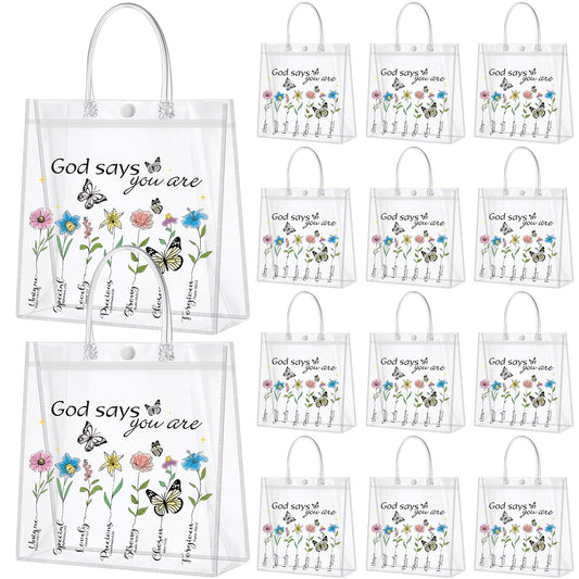 Dansydaisy 20 Pcs Christian Gift Bags with handle God Says You Are Bible Verse Floral Clear PVC Goodie Candy Treat Tote Bags for Religious Faith Spiritual Baptism Christmas Themed Party Supplies