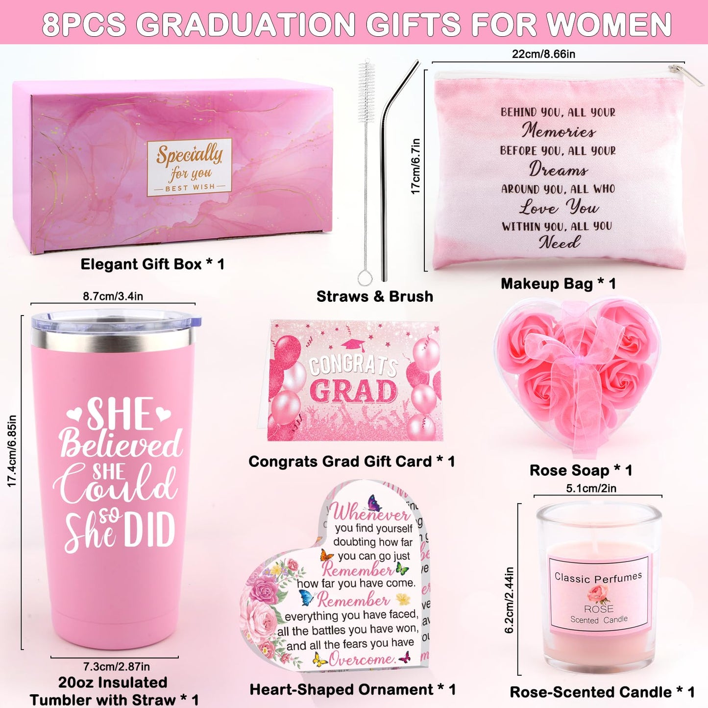 Graduation Gift for Her 2026, 8-in-1 Congratulations Gifts for Women with 20oz Insulated Tumbler, Rose-Scented Candle, Makeup Bag, High School/College Graduation Gifts for Daughter Sister Friend