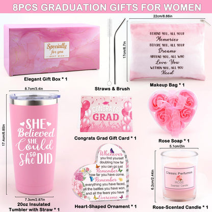 Graduation Gift for Her 2026, 8-in-1 Congratulations Gifts for Women with 20oz Insulated Tumbler, Rose-Scented Candle, Makeup Bag, High School/College Graduation Gifts for Daughter Sister Friend