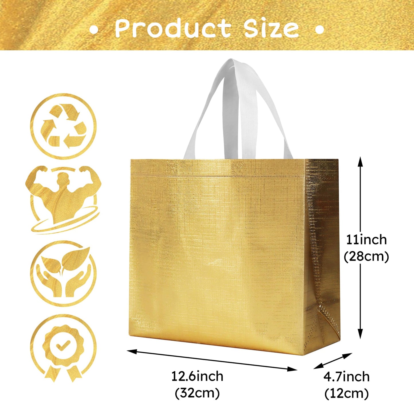 cabzymx 25 Pcs Gold Reusable Gift Bags with Metallic Design, Non-woven Gift Bag Bulk with Handles, Glossy Party Bags for Wrapping Gifts, Birthday, Wedding, Parties, Graduation-12.6x4.7x11 In