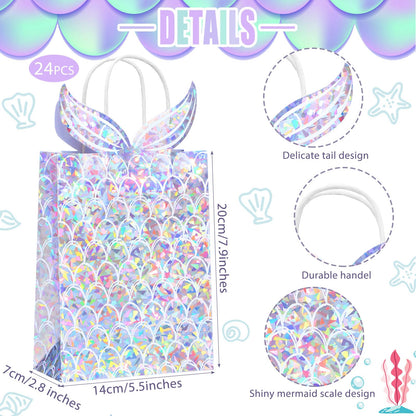 Watersay 24 Pcs Holographic Mermaid Gift Bags Iridescent Mermaid Party Favor Goodie Candy Treat Bags with Handles for Birthday Baby Shower Little Decorations
