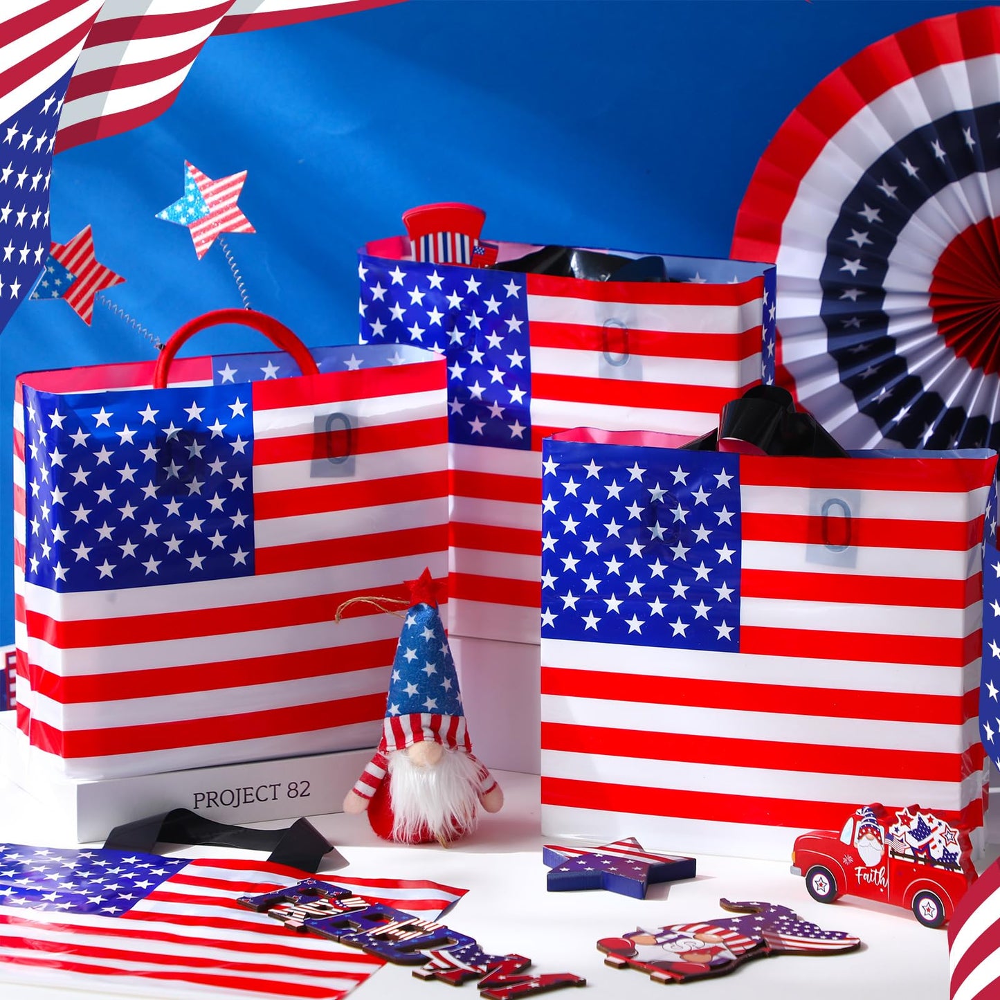 Sweetude 24 Pcs American Flag Plastic Shopping Bag with Handle 10 x 13'' Patriotic Gift Bags for Memorial Day Independence Day Party