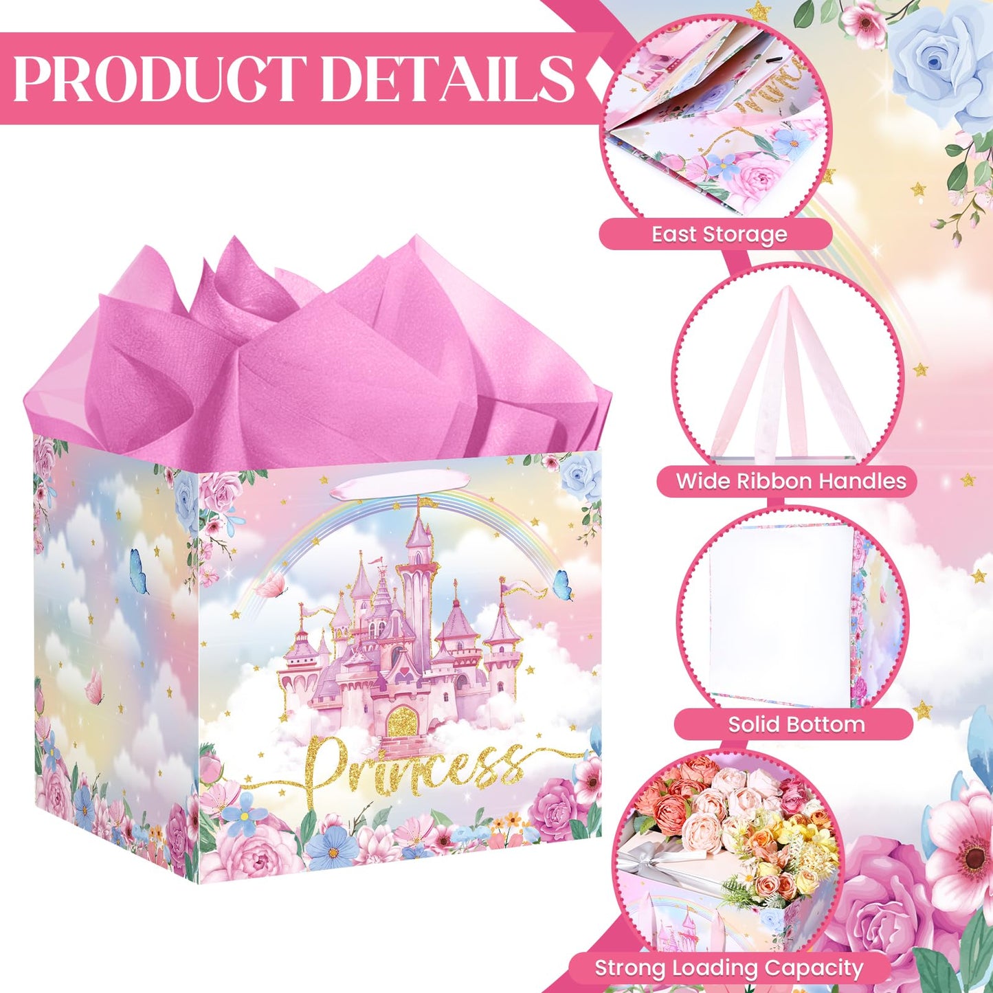 Extra Large Princess Gift Bag for Girls, Pink Castle Party Favors Bag with 6Pcs Tissue Paper Jumbo Flower Floral Gifts Bag with Handles Princess Wrapping Paper Bags for Birthday, Wedding, Baby Shower