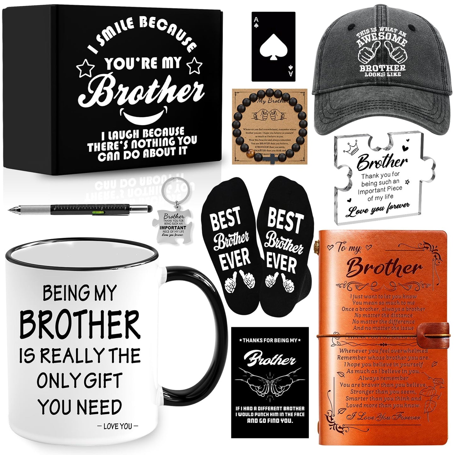 11 PCS Brother Gifts from Sister Brother with 11 Oz Coffee Mug Journal Cap Socks Acrylic Plaque Bracelet Keychain Pen, Birthday Christmas Christian Gift for Brother in Law, Son, Nephew, Grandson