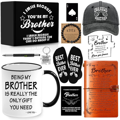 11 PCS Brother Gifts from Sister Brother with 11 Oz Coffee Mug Journal Cap Socks Acrylic Plaque Bracelet Keychain Pen, Birthday Christmas Christian Gift for Brother in Law, Son, Nephew, Grandson