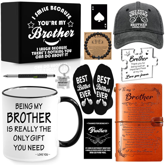 11 PCS Brother Gifts from Sister Brother with 11 Oz Coffee Mug Journal Cap Socks Acrylic Plaque Bracelet Keychain Pen, Birthday Christmas Christian Gift for Brother in Law, Son, Nephew, Grandson