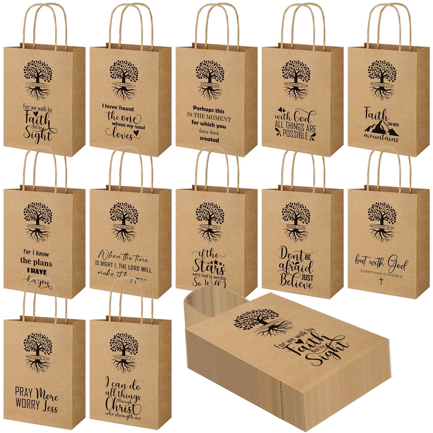60 PCS Christian Gift Bags Bulk Religious Brown Kraft Paper Bags with Handles Bible Verse Inspirational Designs for Church Welcome Gifts Pastor Family Baptism Reunion