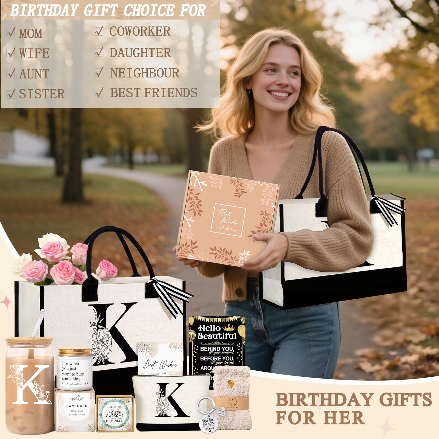 Birthday Gifts for Women, Monogrammed Initial Gift for Teacher Wife Mom, Tote Bag