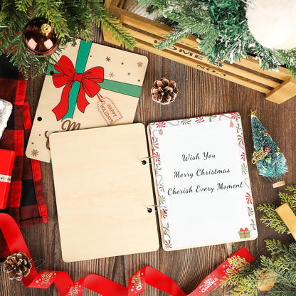 Wooden Christmas Card Keeper Binder Merry Christmas Greeting Card Holder with Rings Xmas Holiday Post Cards Organizer Wood Memories Book for Storage Keepsake Album Photo Notes Gift Winter Past Notes