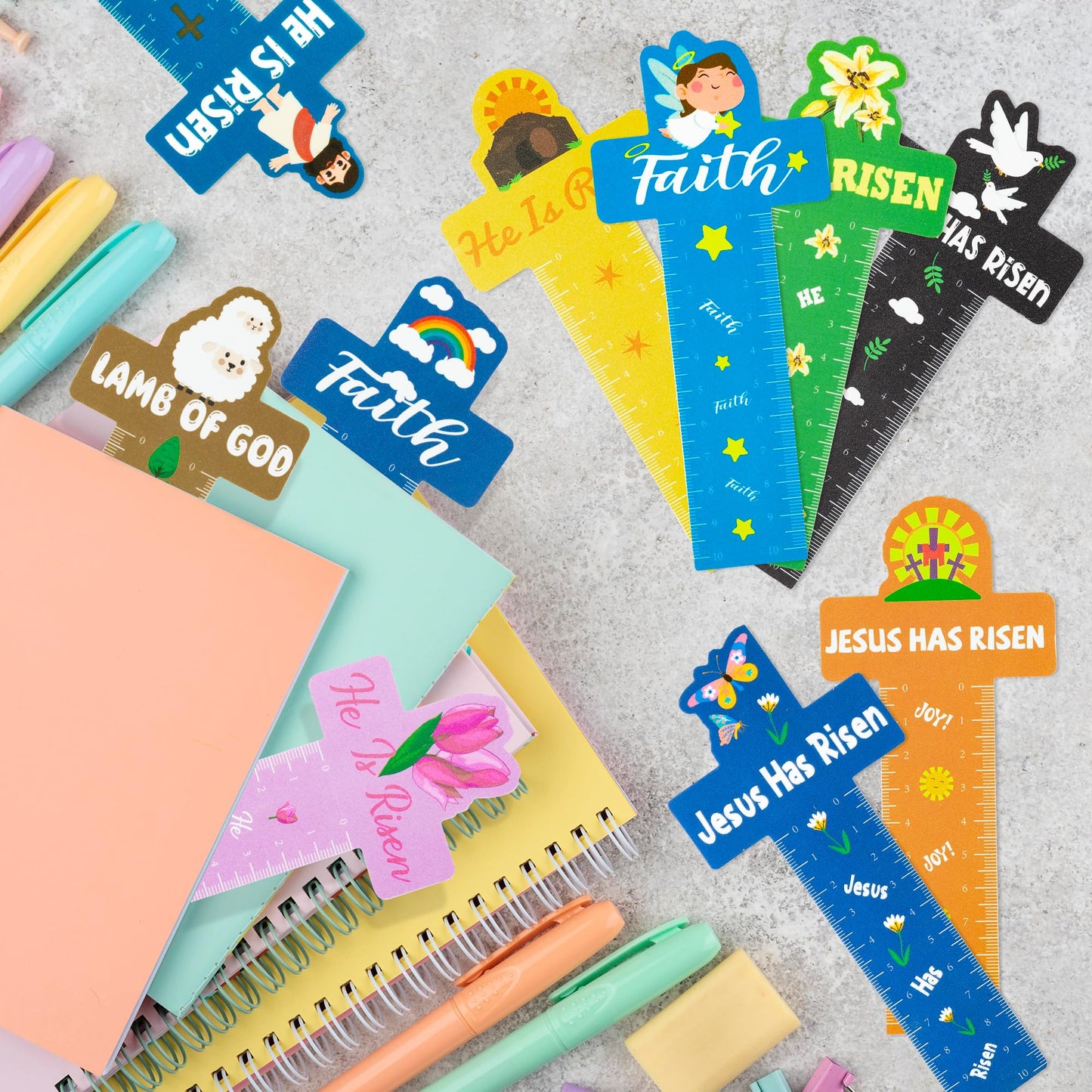Haooryx 50Pcs Easter Cross Bookmark Rulers - Jesus Cross Measuring Ruler Bookmark He Is Risen Easter Party Favor Classroom Teacher Student Rewards Kids Birthday Goodie Bag Filler