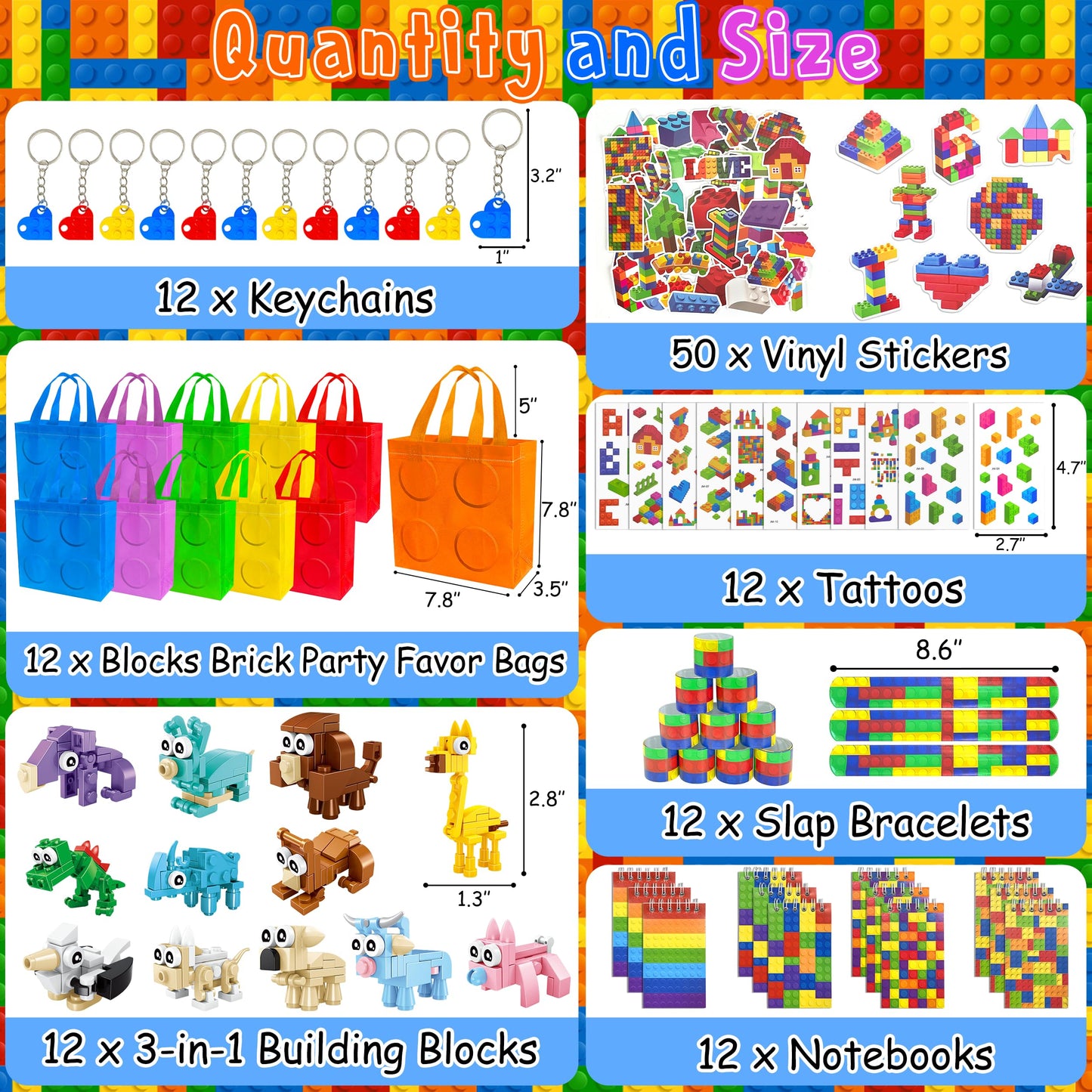LINAYE 12 Packs Building Blocks Party Favors - 122 Pcs Birthday Party Favors Supplies with Goodie Bags, Animals Building Blocks, Notebooks, Tattoo Stickers Sheets Gift Bag Stuffers for Kids