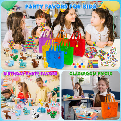 LINAYE 12 Packs Building Blocks Party Favors - 122 Pcs Birthday Party Favors Supplies with Goodie Bags, Animals Building Blocks, Notebooks, Tattoo Stickers Sheets Gift Bag Stuffers for Kids