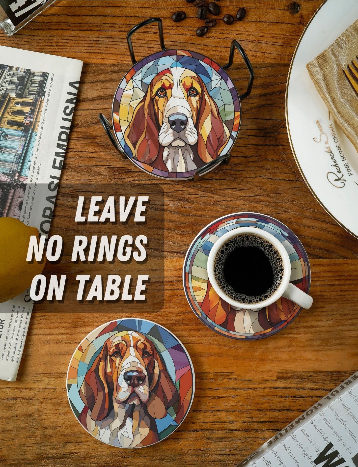 Onebttl Basset Hound Gifts Coaster, Ceramic, Set of 6, with Gift Box, Absorbent with Cork Base, Gifts for Basset Hound Lovers, Home Decor for Housewarming, Thanksgiving, Birthday, Christmas