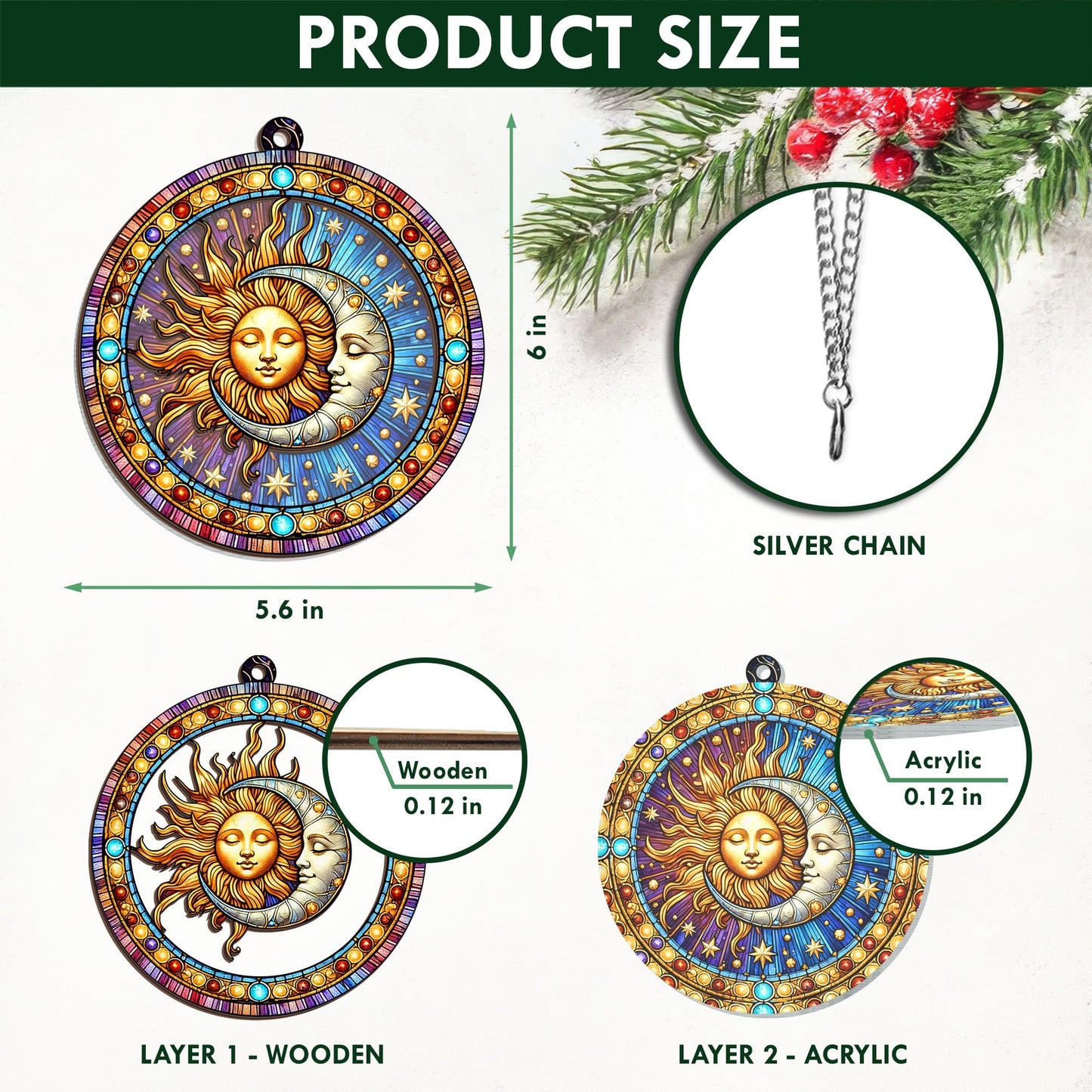 OASSIE Spiritual Gifts for Men Women - Double Layered Hanging Suncatcher 6 in - Sun and Moon Decorations, Birthday Gifts for Mom Dad Family, Friend, Celestial Boho Home Décor