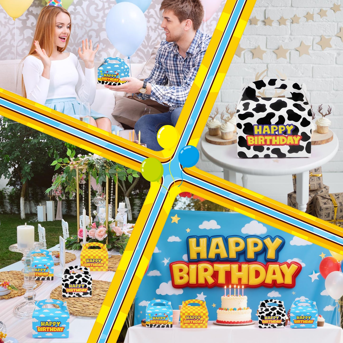 Bsenhe 16PCS Cartoon Gift Bag, Cartoon Birthday Decorations Goodie Bags Party Favor Boxes for Theme Birthday Party Supplies Sky White Cloud Cow Print Candy Bags