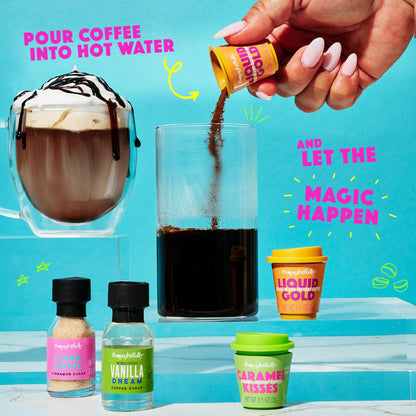Thoughtfully, Iced Coffee Barista Bar Gift Set, Includes Instant Coffee, Flavored Syrups, Cocoa Powder & Cinnamon Sugar, DIY Coffee Station Sampler Gift for Coffee Lovers