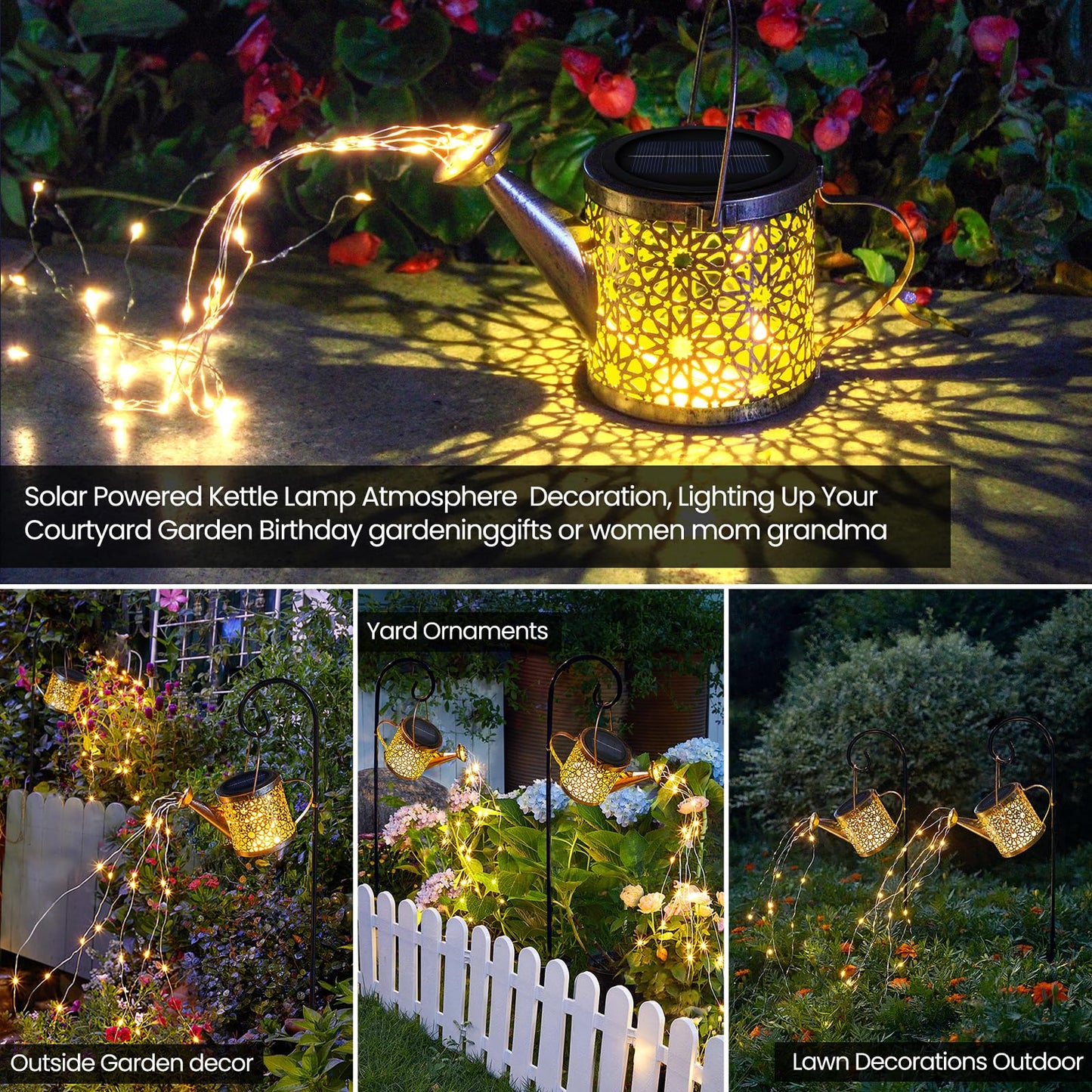 Solar Lights Outdoor Decorative, Metal Watering Can Lights Waterproof, Small Hanging Garden Decor Yard Outside Patio Lawn, Gifts for Mom Grandma Women Birthday(Warm White)