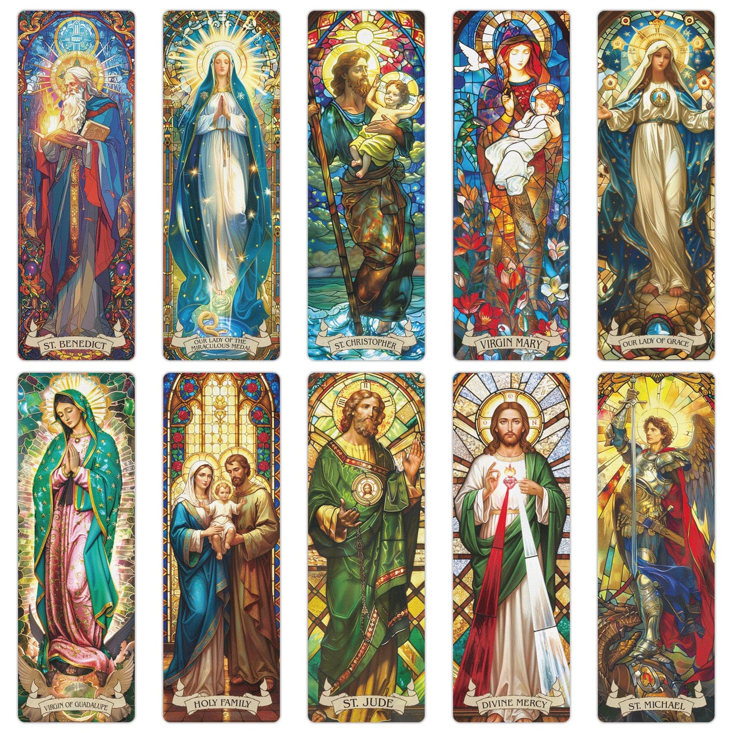 Catholic Stained Glass Bookmarks Set, 20 Transparent PVC Religious Bookmarks Featuring Saints and Virgin Mary Designs, Catholic Gifts for Women Men School and Office Supplies