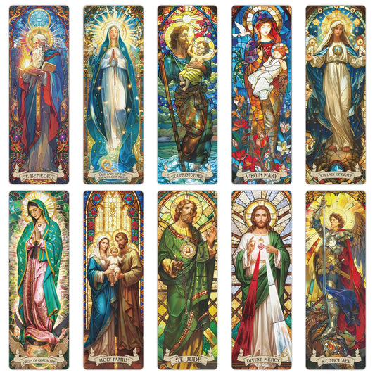 Catholic Stained Glass Bookmarks Set, 20 Transparent PVC Religious Bookmarks Featuring Saints and Virgin Mary Designs, Catholic Gifts for Women Men School and Office Supplies