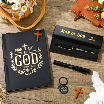 Kosiz 5 Pcs Man of God Father's Day Christian Gifts for Men Leather Journal Notebook Cross Keychain Waterproof Pocket Flashlight with Clip Bible Verse Pen with Pen Box Pastor Baptism Gifts