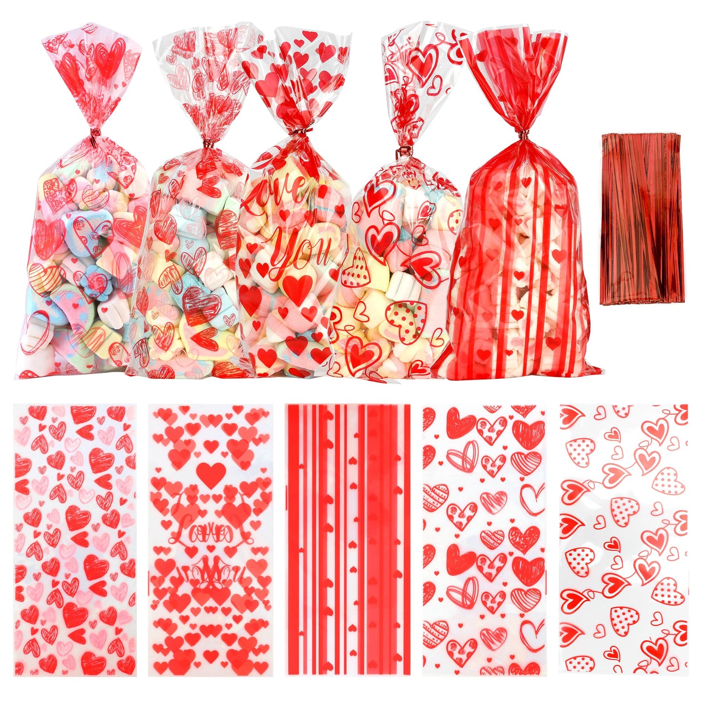 Valentine Treat Bags, 100 Pcs Valentines Cellophane Bags, Plastic Clear Red Valentine Candy Cookie Gift Goodie Snack Bag with 100 Pcs Twist Ties for Valentines Wedding Party Favor Supplies, 5 Styles
