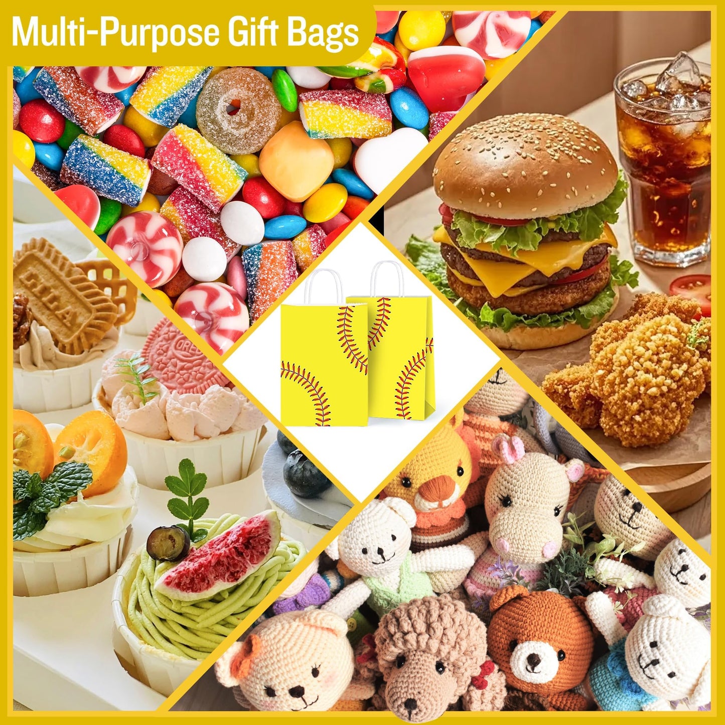 MIMIND 16 Pack Softball Gift Bags with Handles Paper Party Favor Goodie Bags Softball Treat Bags for Birthday Game Day Sport Themed Party Supplies