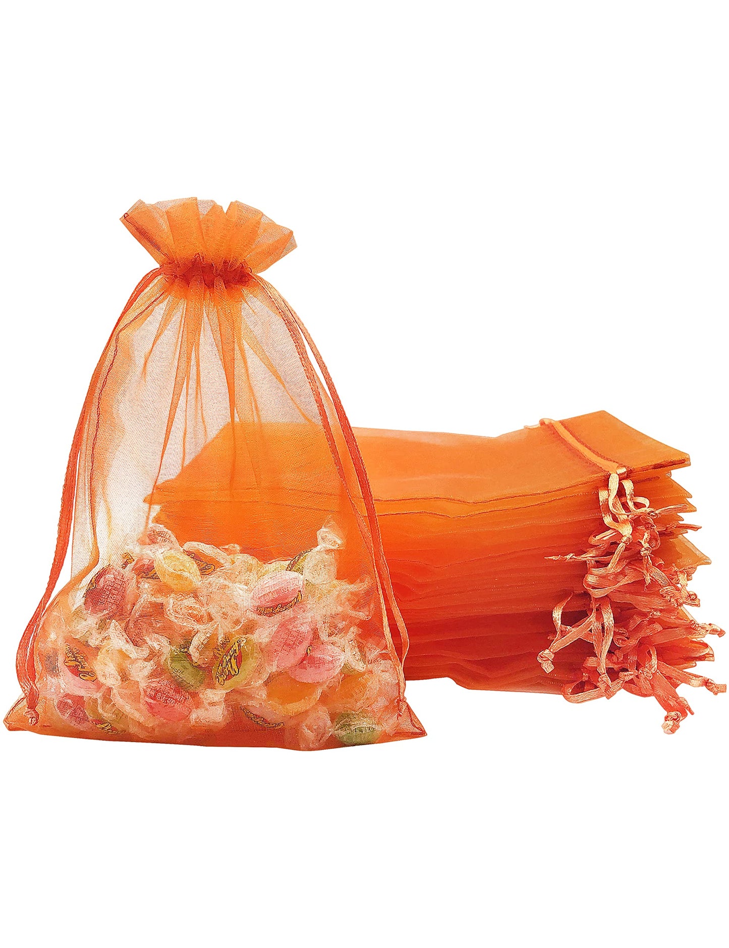 Jexila 100PCS Orange Organza Bags 5X7 inches Easter Drawstring Goodie Candy Treat Bags for Kids Halloween Birthday Party Favor Orange Mesh Gift Bags
