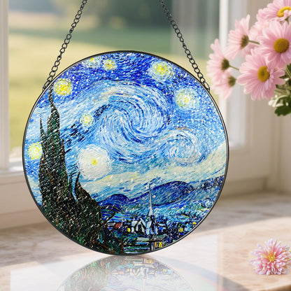 Stained Glass Window Hanging, Pauyadu Van Gogh Starry Night Sun Catchers, Stained Glass Suncatcher, Starry Night Decor Gifts for Her, Women, Art Lover, Friend - 8 Inch