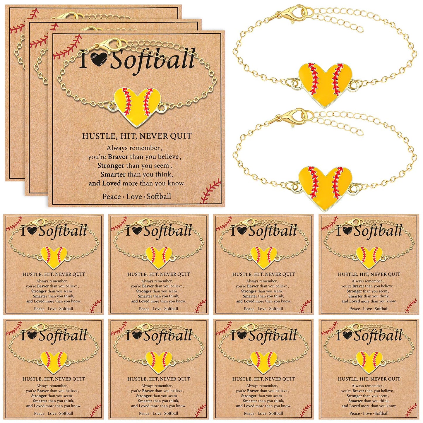 Landical 12 Set Softball Team Gift Bulk Gold Softball Heart Bracelets with Gift Card for Women Sport Lover Player Party Favor
