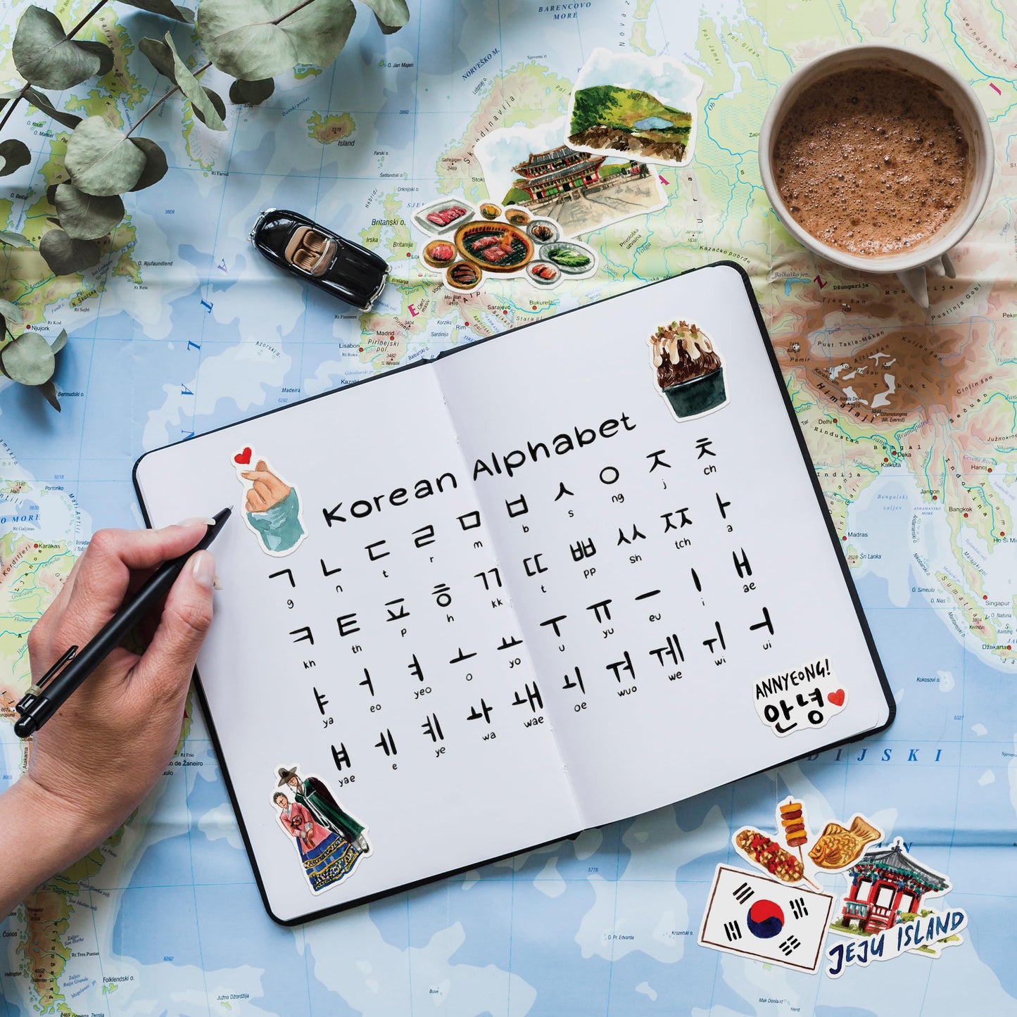 Navy Peony Scenic South Korea Travel Stickers (30pcs) - Hand-Illustrated, Seoul, Korean Decals for Journals, Scrapbooks, Water Bottles