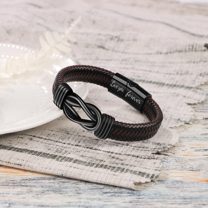 Gift for Men Infinity Bracelet for Men Dad Husband Boyfriend Son Grandson Brother Nephew Uncle Brown Braided Leather Forever Linked Together Stainless Steel Engraved with Love You Forever Jewelry 7.5|8.5|9 Inches